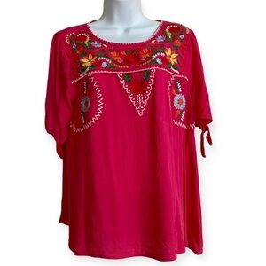Fuschia Pink Tie Short Sleeve Blouse Tunic Top Size M Floral Embroidered Summer